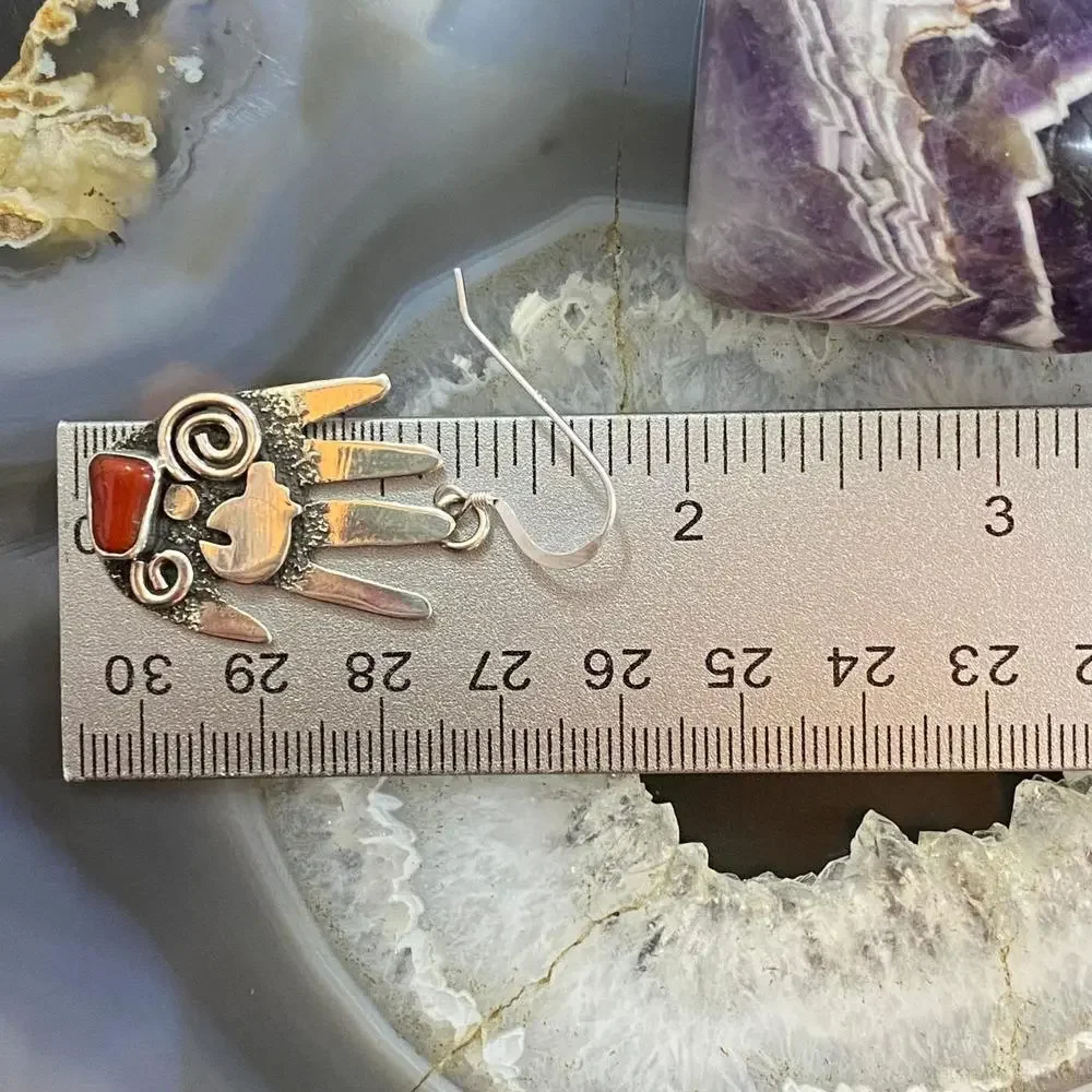 Alex Sanchez Sterling Silver Ancestors Hand Petroglyph W/Coral Dangle Earrings 2 - Picture 10 of 10